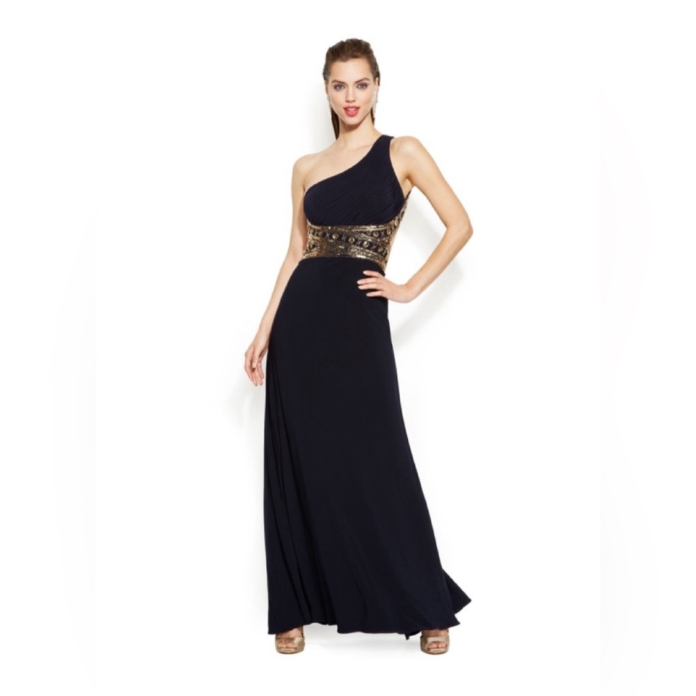 Betsy&Adam Elegant Navy Blue One-Shoulder Dress